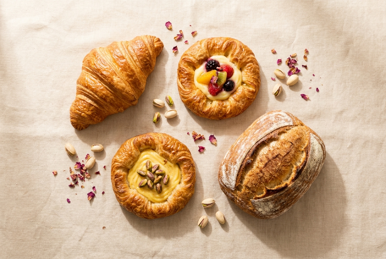 A spread of bakery items on linen — croissant, pastries, rose petals