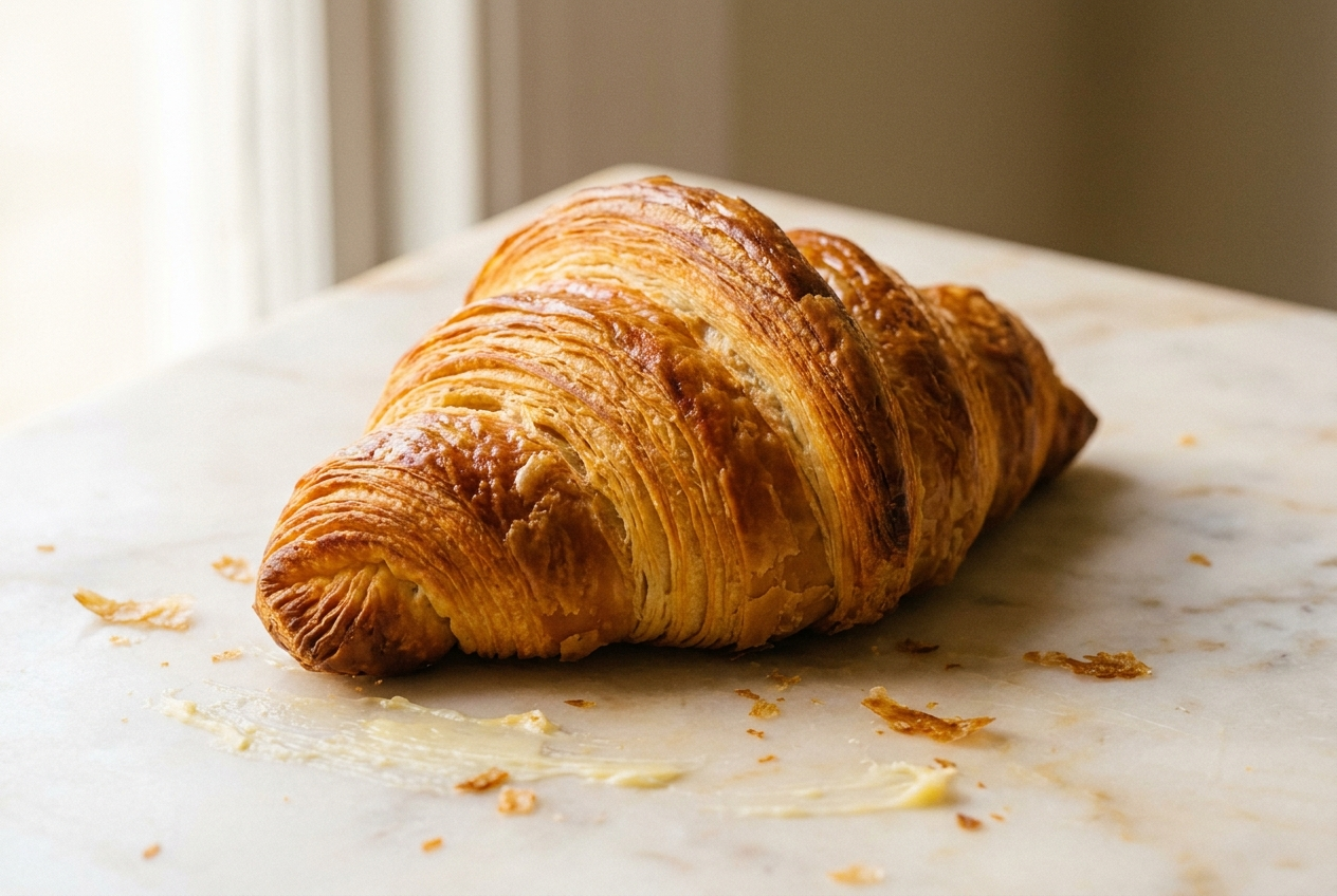A warm croissant on a marble counter, golden and flaky