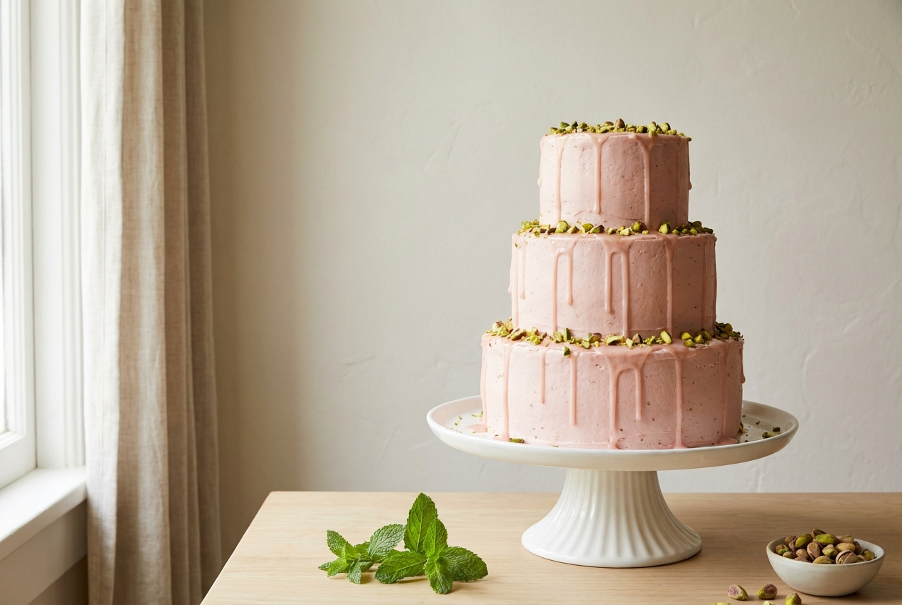 A pink-frosted layered cake on a cake stand