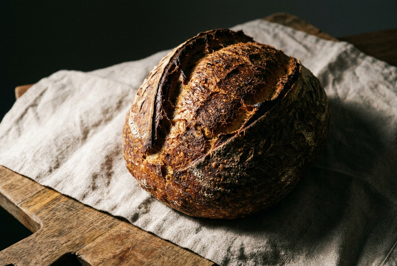 A round sourdough loaf with a dark blistered crust on a wooden board